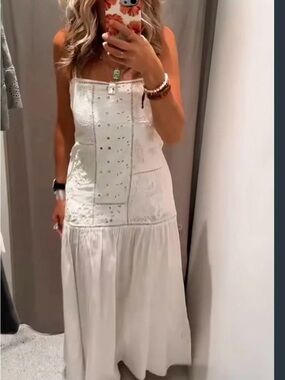Zara White Eyelet Maxi Dress with Spaghetti Straps